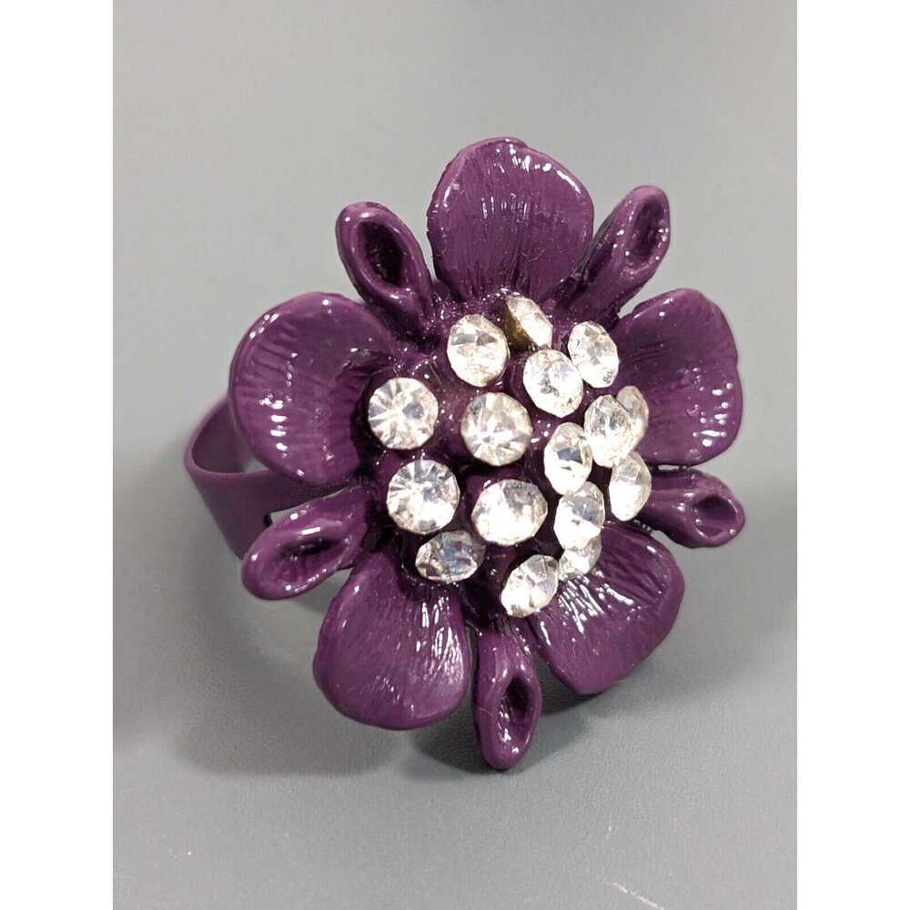 Purple‎ Flower Crystal Round Cocktail Ring Adjustable Boho Size 6